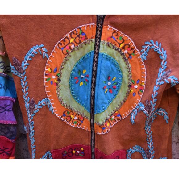 Rising International Rainbow Patchwork Hoodie Jacket Women’s Small Boho Festival - Picture 3 of 5